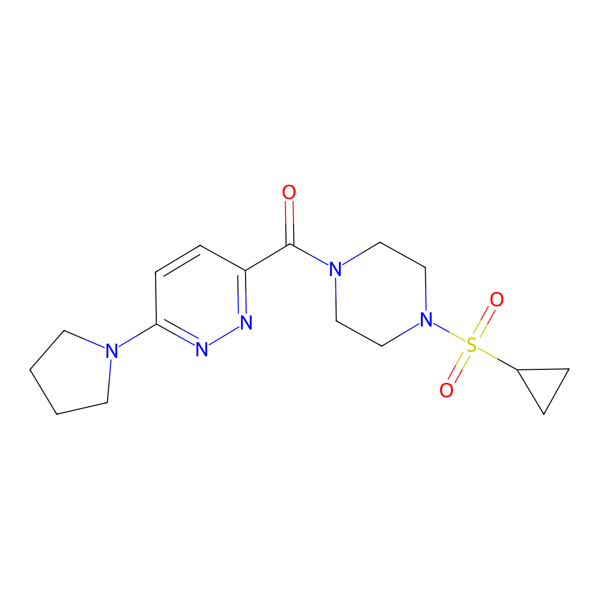 (4-(Cyclopropylsulfonyl)piperazin-1-yl)(6-(pyrrolidin-1-yl)pyridazin-3-yl)methanone molecular structure, CAS 1396786-57-4