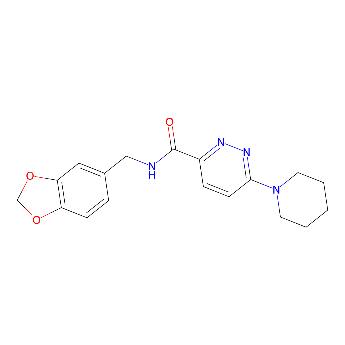 N-(benzo[d][1,3]dioxol-5-ylmethyl)-6-(piperidin-1-yl)pyridazine-3-carboxamide molecular structure, CAS 1396786-64-3