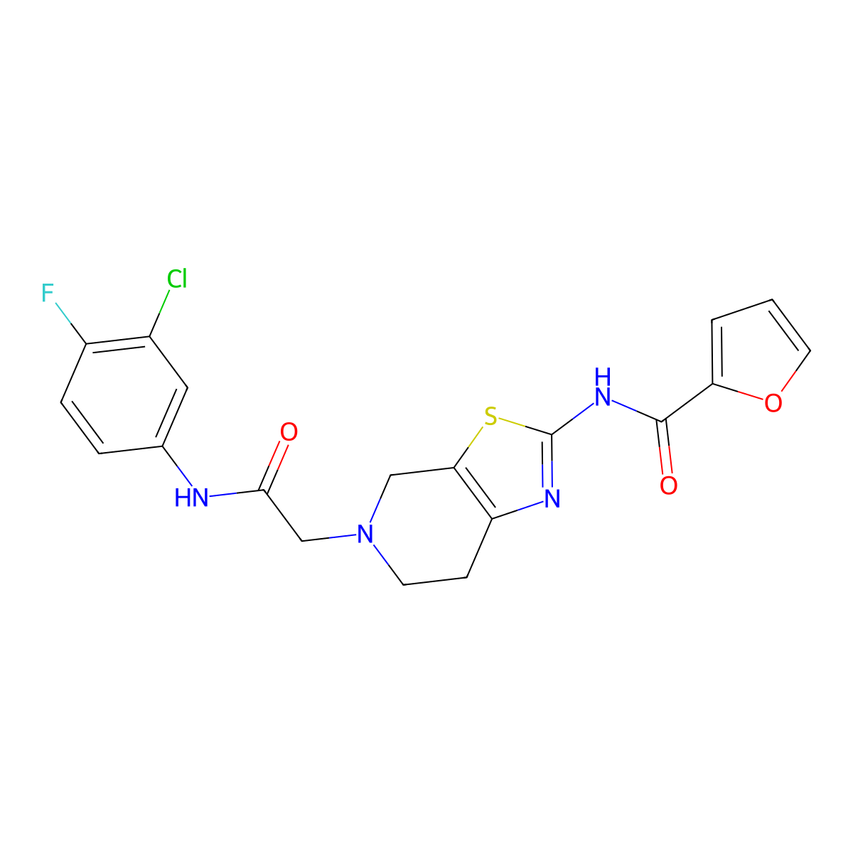 N-(5-{[(3-chloro-4-fluorophenyl)carbamoyl]methyl}-4H,5H,6H,7H-[1,3]thiazolo[5,4-c]pyridin-2-yl)furan-2-carboxamide molecular structure, CAS 1396786-90-5