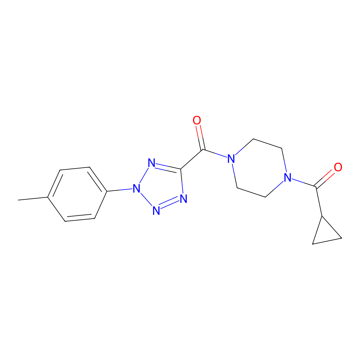 (4-(cyclopropanecarbonyl)piperazin-1-yl)(2-(p-tolyl)-2H-tetrazol-5-yl)methanone molecular structure, CAS 1396786-91-6