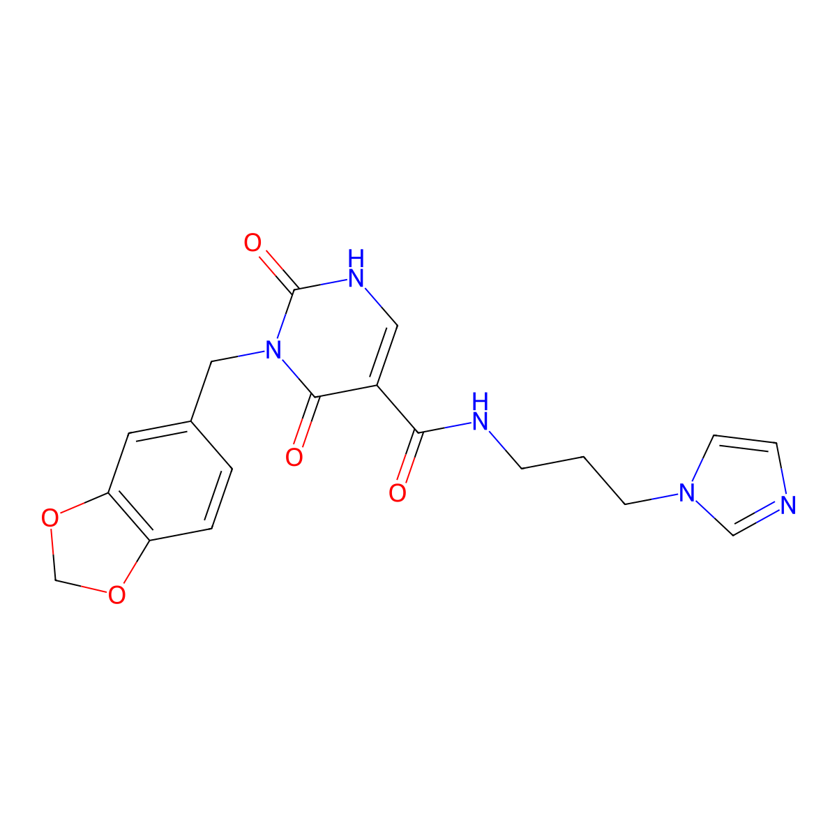 N-(3-(1H-imidazol-1-yl)propyl)-3-(benzo[d][1,3]dioxol-5-ylmethyl)-2,4-dioxo-1,2,3,4-tetrahydropyrimidine-5-carboxamide molecular structure, CAS 1396790-45-6