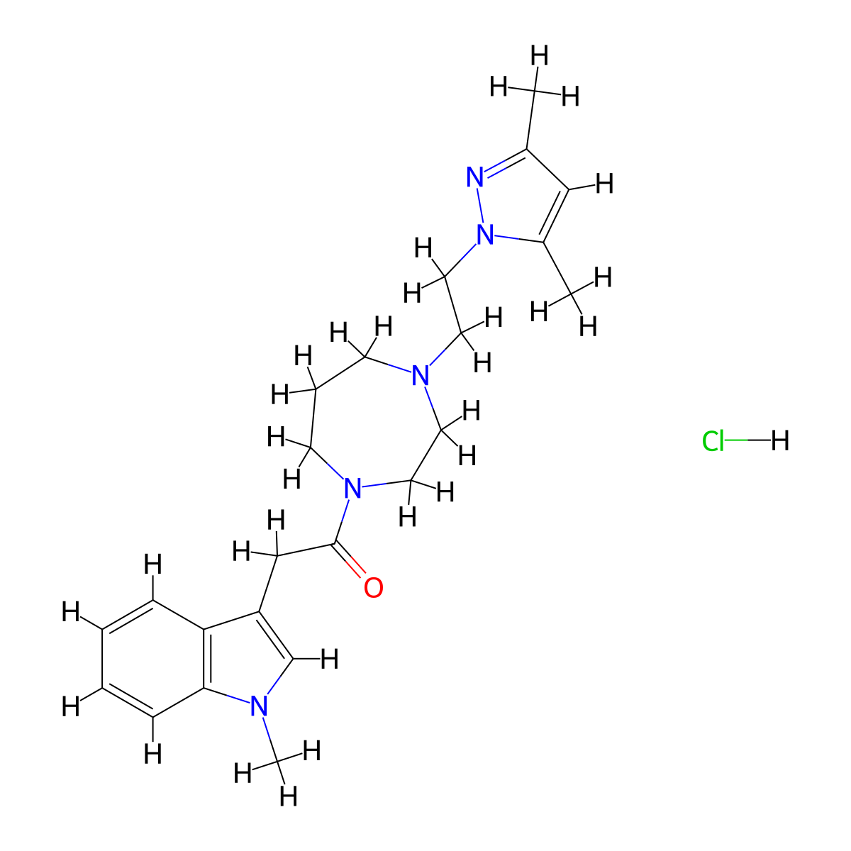 1-(4-(2-(3,5-dimethyl-1H-pyrazol-1-yl)ethyl)-1,4-diazepan-1-yl)-2-(1-methyl-1H-indol-3-yl)ethanone hydrochloride molecular structure, CAS 1396790-88-7