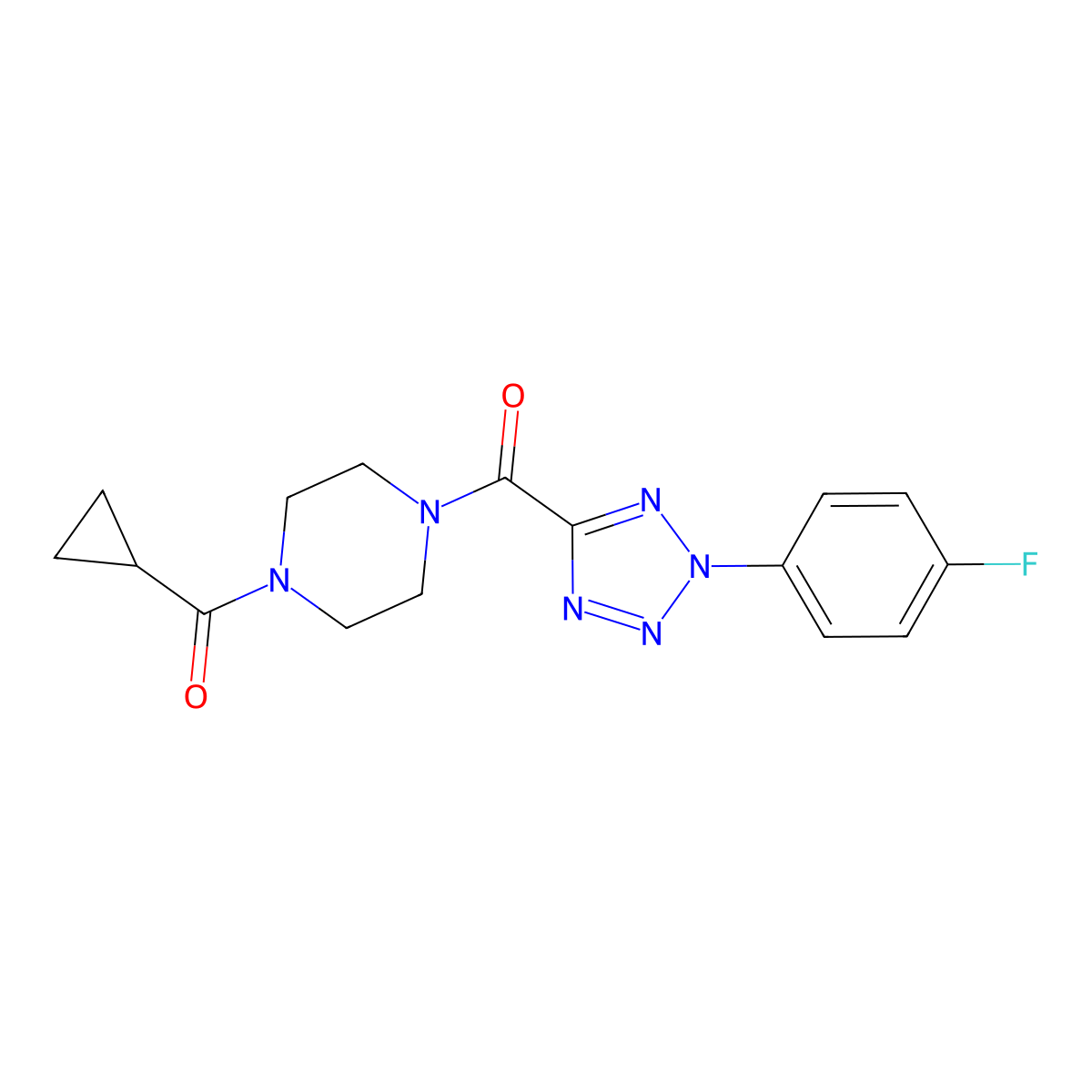 (4-(cyclopropanecarbonyl)piperazin-1-yl)(2-(4-fluorophenyl)-2H-tetrazol-5-yl)methanone molecular structure, CAS 1396790-99-0