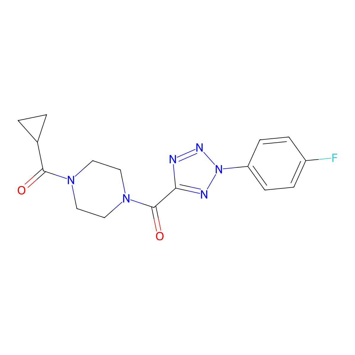 (4-(cyclopropanecarbonyl)piperazin-1-yl)(2-(4-fluorophenyl)-2H-tetrazol-5-yl)methanone molecular structure, CAS 1396790-99-0