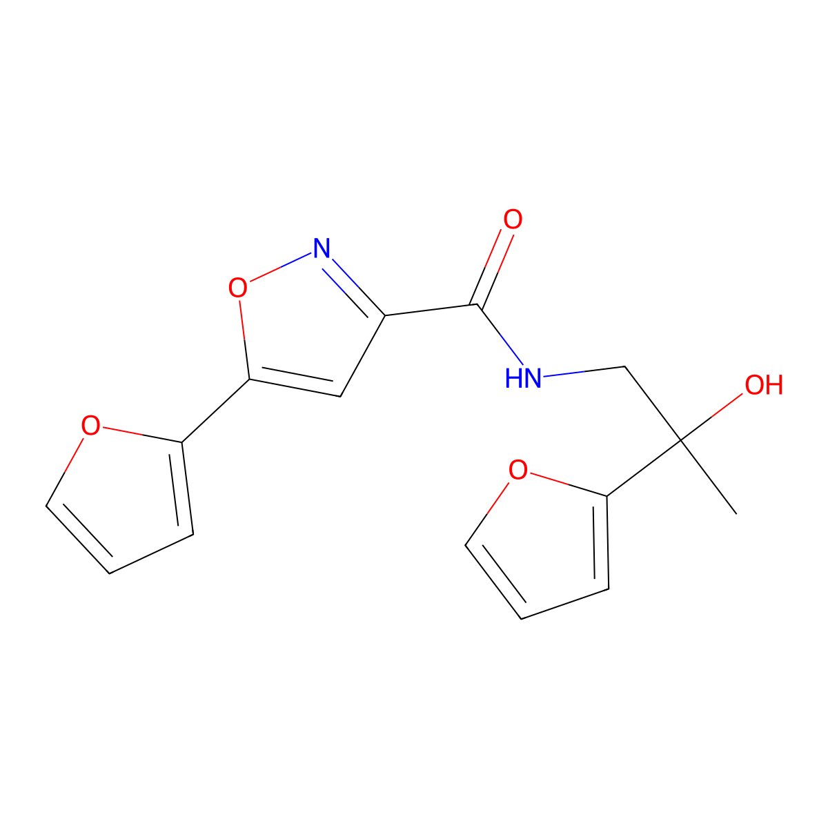 5-(furan-2-yl)-N-(2-(furan-2-yl)-2-hydroxypropyl)isoxazole-3-carboxamide molecular structure, CAS 1396791-11-9