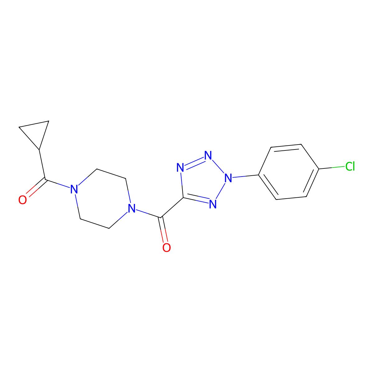(2-(4-chlorophenyl)-2H-tetrazol-5-yl)(4-(cyclopropanecarbonyl)piperazin-1-yl)methanone molecular structure, CAS 1396791-21-1