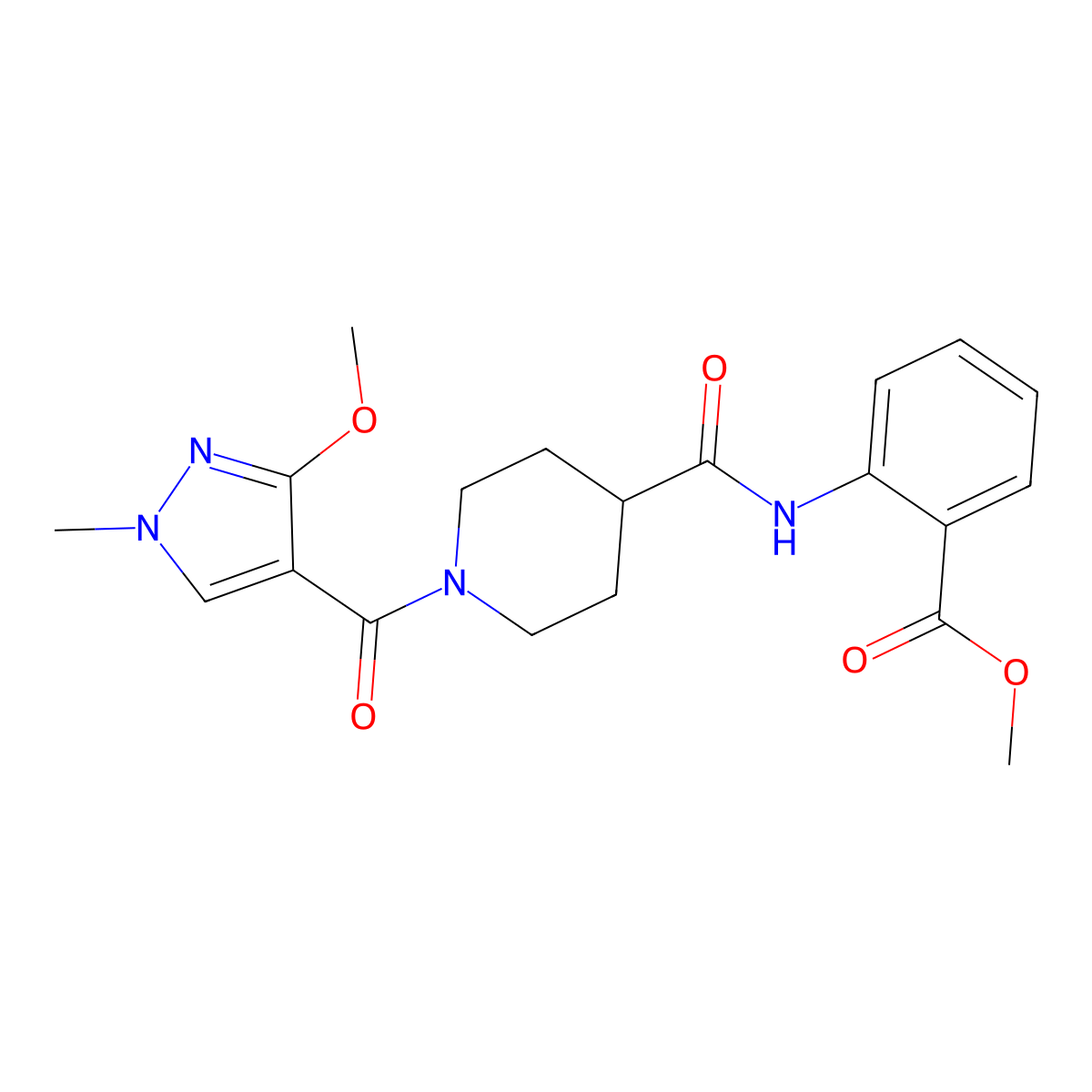 methyl 2-(1-(3-methoxy-1-methyl-1H-pyrazole-4-carbonyl)piperidine-4-carboxamido)benzoate molecular structure, CAS 1396791-26-6