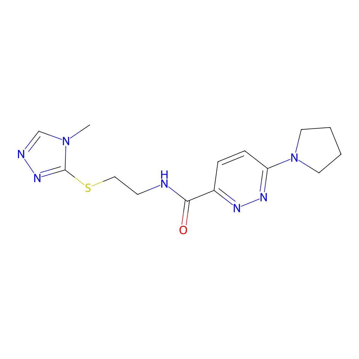 N-(2-((4-methyl-4H-1,2,4-triazol-3-yl)thio)ethyl)-6-(pyrrolidin-1-yl)pyridazine-3-carboxamide molecular structure, CAS 1396791-35-7