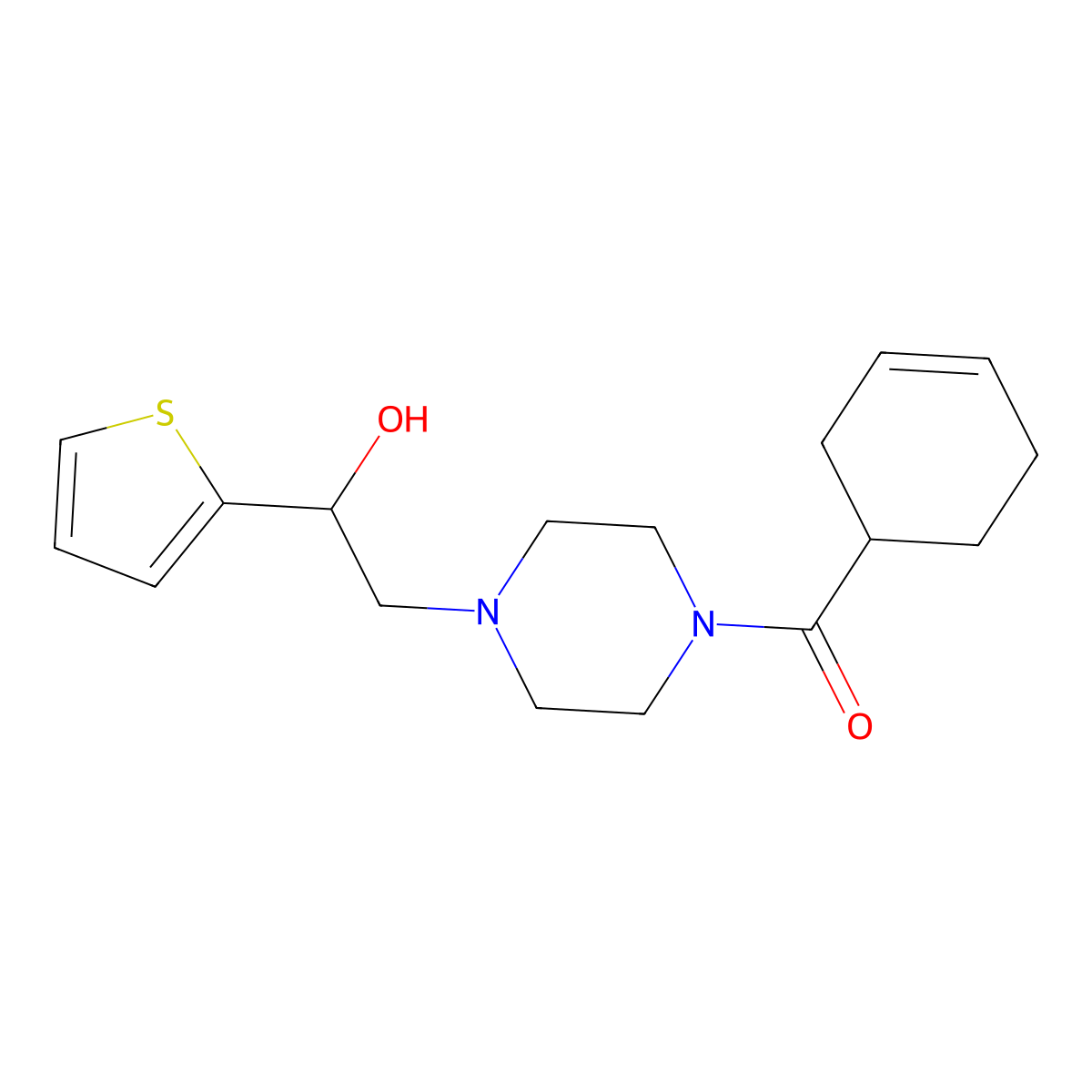Cyclohex-3-en-1-yl(4-(2-hydroxy-2-(thiophen-2-yl)ethyl)piperazin-1-yl)methanone molecular structure, CAS 1396791-50-6