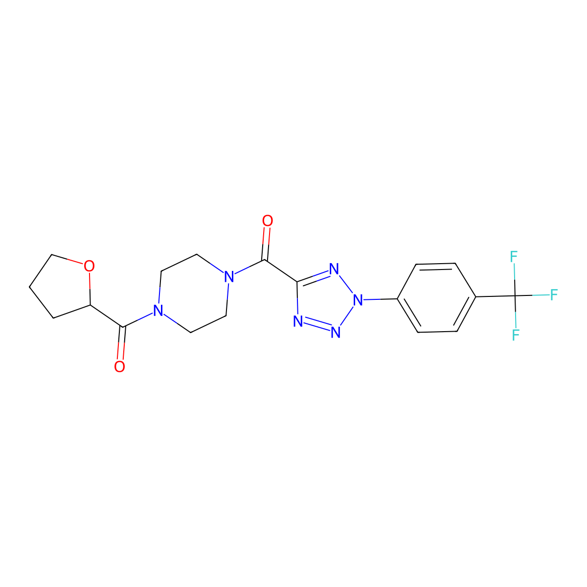 (4-(tetrahydrofuran-2-carbonyl)piperazin-1-yl)(2-(4-(trifluoromethyl)phenyl)-2H-tetrazol-5-yl)methanone molecular structure, CAS 1396791-62-0