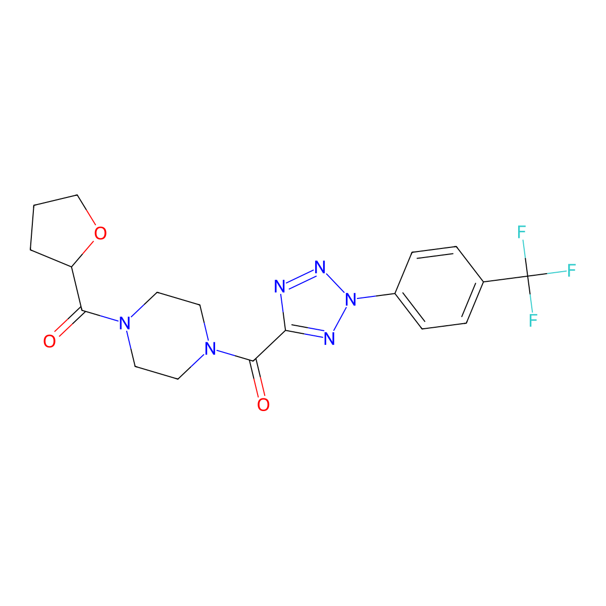 (4-(tetrahydrofuran-2-carbonyl)piperazin-1-yl)(2-(4-(trifluoromethyl)phenyl)-2H-tetrazol-5-yl)methanone molecular structure, CAS 1396791-62-0