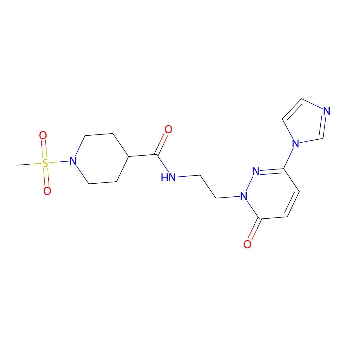 N-{2-[3-(1H-imidazol-1-yl)-6-oxo-1,6-dihydropyridazin-1-yl]ethyl}-1-methanesulfonylpiperidine-4-carboxamide molecular structure, CAS 1396791-69-7