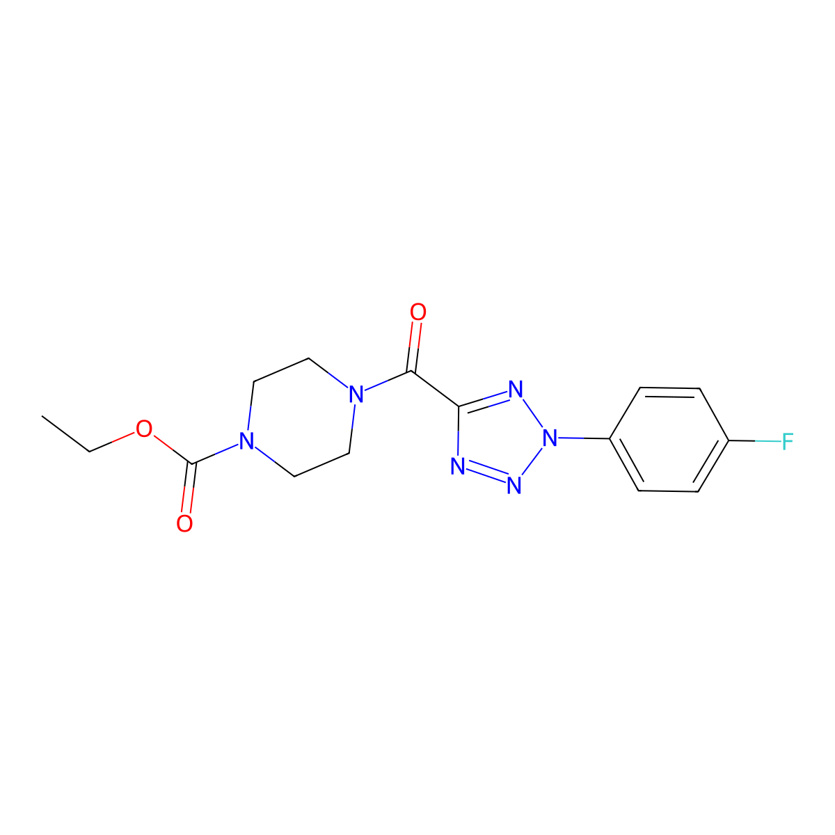 ethyl 4-(2-(4-fluorophenyl)-2H-tetrazole-5-carbonyl)piperazine-1-carboxylate molecular structure, CAS 1396791-93-7