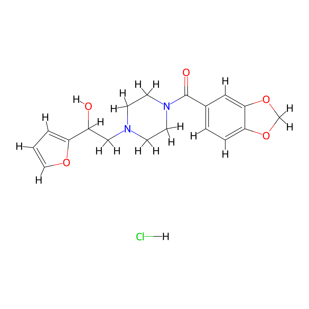 Benzo[d][1,3]dioxol-5-yl(4-(2-(furan-2-yl)-2-hydroxyethyl)piperazin-1-yl)methanone hydrochloride molecular structure, CAS 1396792-09-8