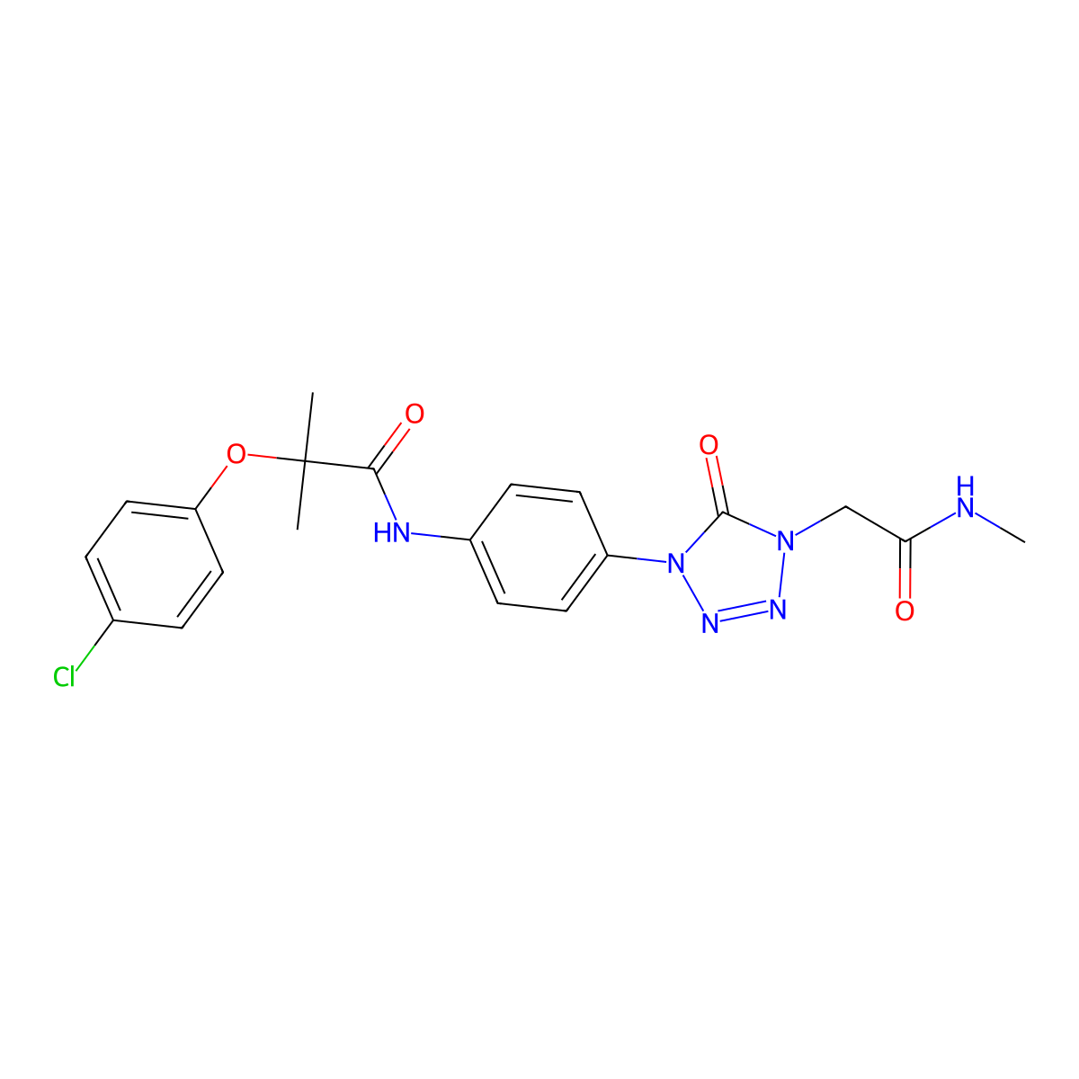2-(4-chlorophenoxy)-2-methyl-N-(4-(4-(2-(methylamino)-2-oxoethyl)-5-oxo-4,5-dihydro-1H-tetrazol-1-yl)phenyl)propanamide molecular structure, CAS 1396792-21-4