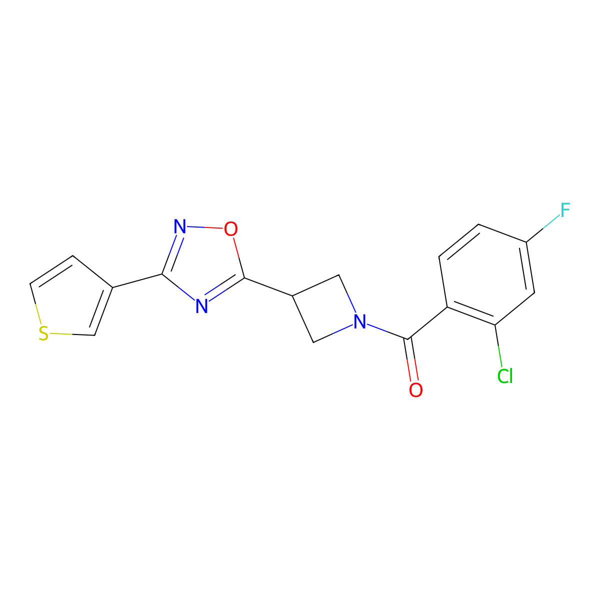 (2-Chloro-4-fluorophenyl)(3-(3-(thiophen-3-yl)-1,2,4-oxadiazol-5-yl)azetidin-1-yl)methanone molecular structure, CAS 1396792-23-6