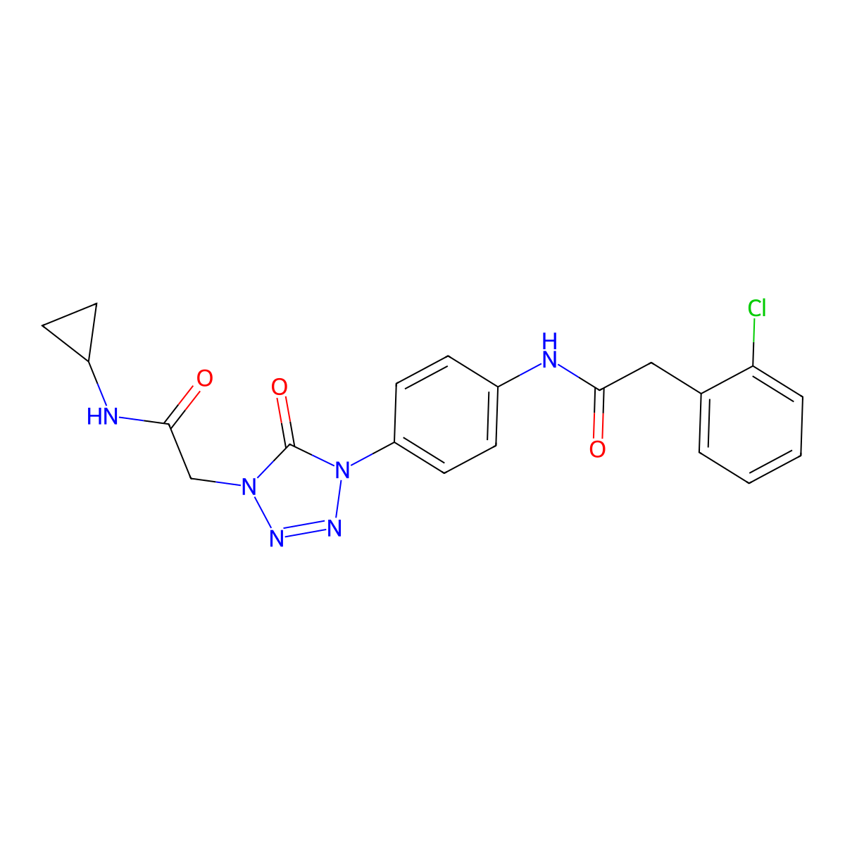 2-(2-chlorophenyl)-N-(4-(4-(2-(cyclopropylamino)-2-oxoethyl)-5-oxo-4,5-dihydro-1H-tetrazol-1-yl)phenyl)acetamide molecular structure, CAS 1396792-42-9