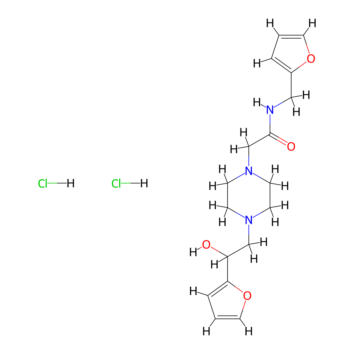 2-(4-(2-(furan-2-yl)-2-hydroxyethyl)piperazin-1-yl)-N-(furan-2-ylmethyl)acetamide dihydrochloride molecular structure, CAS 1396792-45-2