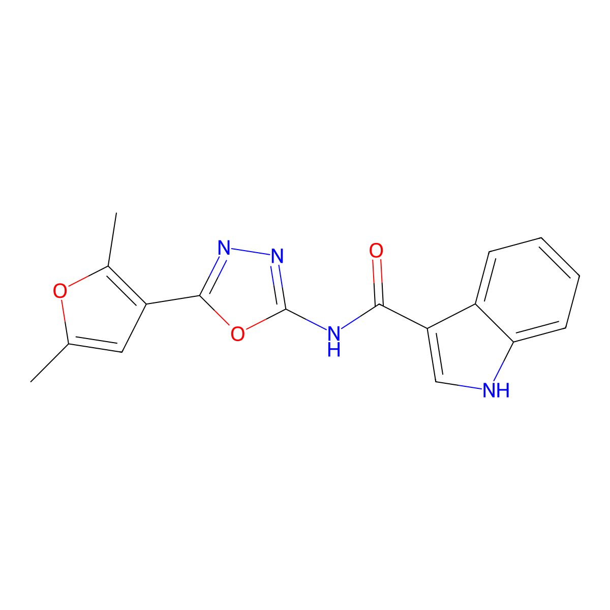 N-[5-(2,5-dimethylfuran-3-yl)-1,3,4-oxadiazol-2-yl]-1H-indole-3-carboxamide molecular structure, CAS 1396792-56-5