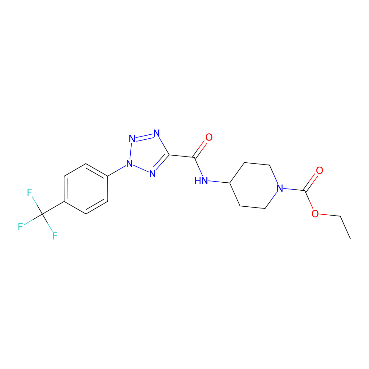 ethyl 4-(2-(4-(trifluoromethyl)phenyl)-2H-tetrazole-5-carboxamido)piperidine-1-carboxylate molecular structure, CAS 1396792-58-7