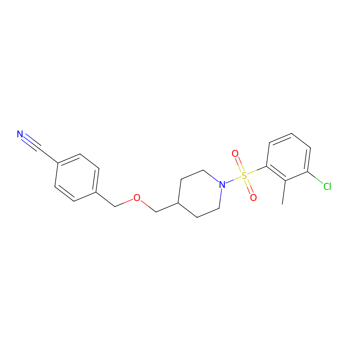 4-(((1-((3-Chloro-2-methylphenyl)sulfonyl)piperidin-4-yl)methoxy)methyl)benzonitrile molecular structure, CAS 1396792-83-8