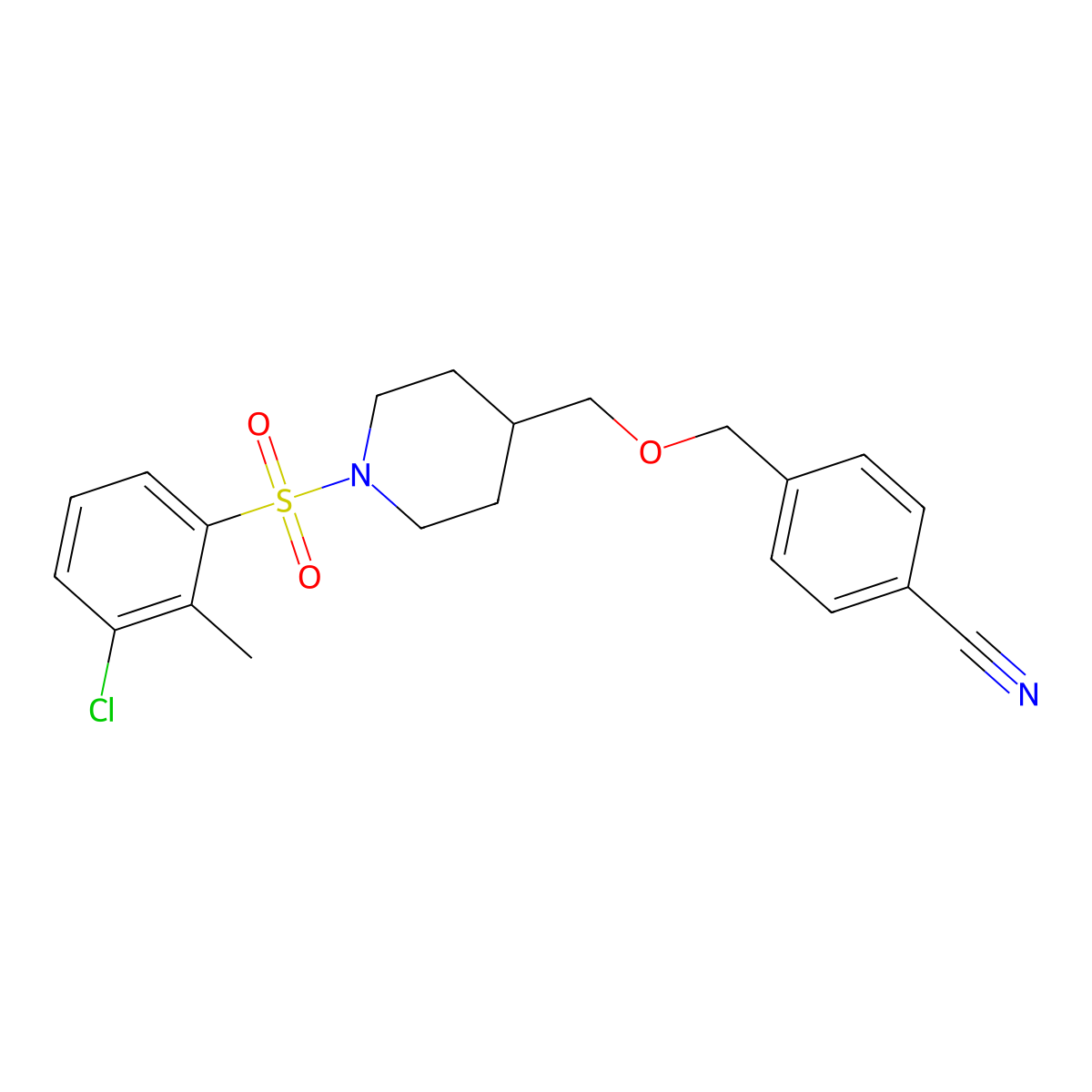 4-(((1-((3-Chloro-2-methylphenyl)sulfonyl)piperidin-4-yl)methoxy)methyl)benzonitrile molecular structure, CAS 1396792-83-8