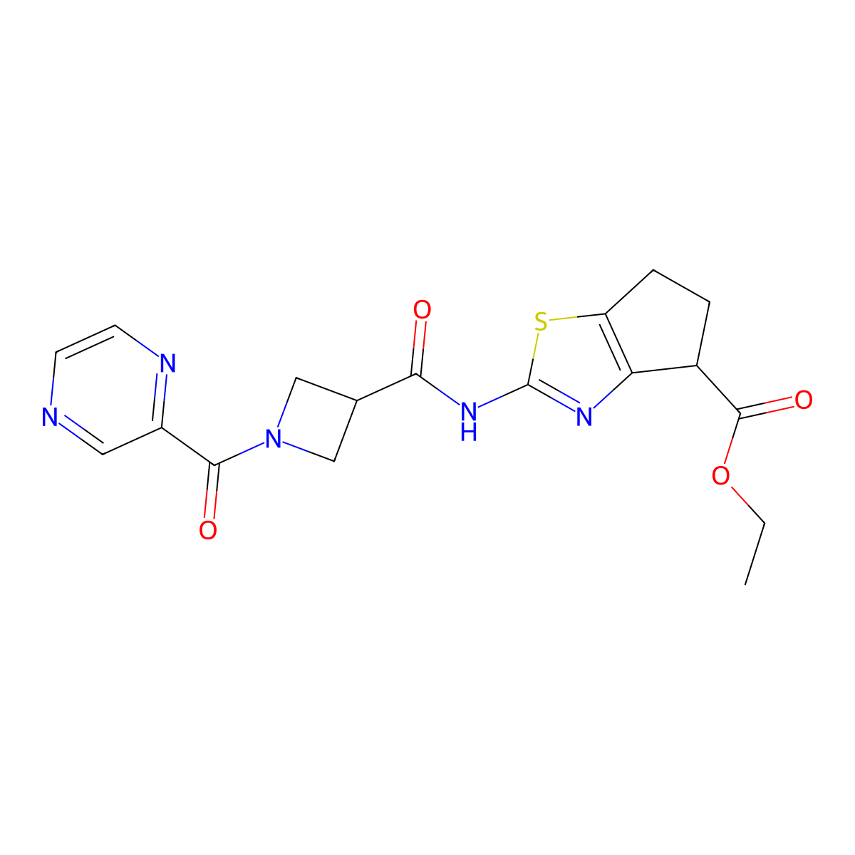 ethyl 2-(1-(pyrazine-2-carbonyl)azetidine-3-carboxamido)-5,6-dihydro-4H-cyclopenta[d]thiazole-4-carboxylate molecular structure, CAS 1396793-05-7