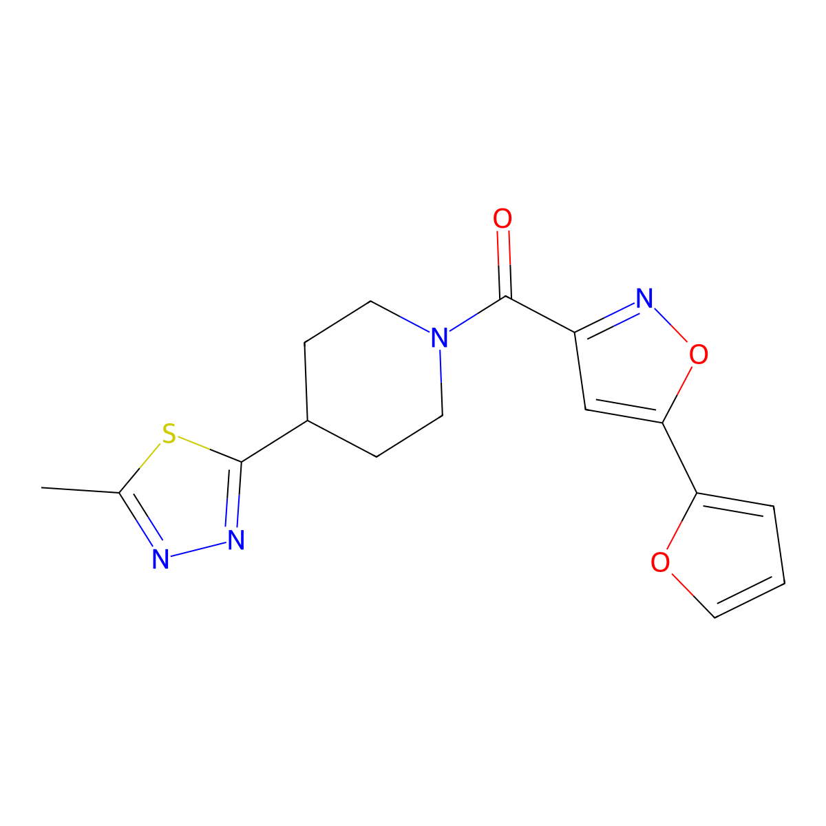 (5-(Furan-2-yl)isoxazol-3-yl)(4-(5-methyl-1,3,4-thiadiazol-2-yl)piperidin-1-yl)methanone molecular structure, CAS 1396793-16-0