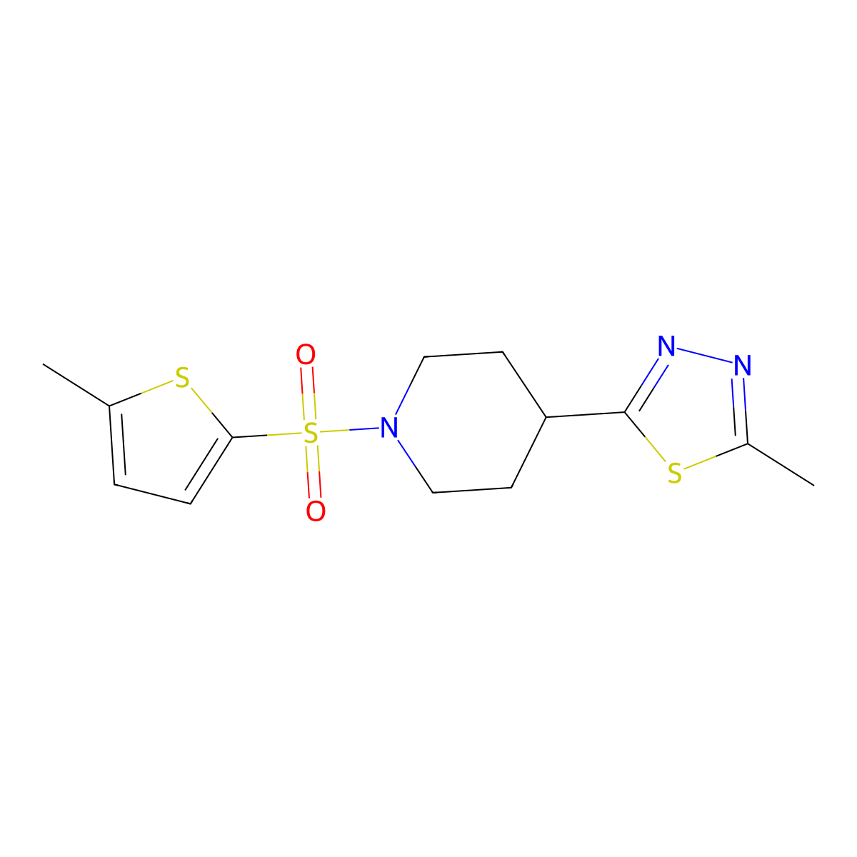 2-Methyl-5-(1-((5-methylthiophen-2-yl)sulfonyl)piperidin-4-yl)-1,3,4-thiadiazole molecular structure, CAS 1396793-29-5
