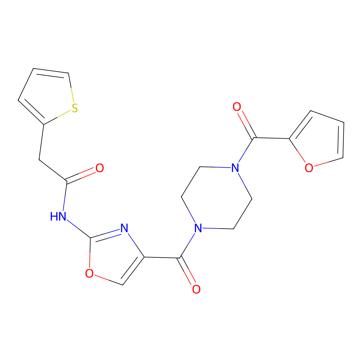 N-(4-(4-(furan-2-carbonyl)piperazine-1-carbonyl)oxazol-2-yl)-2-(thiophen-2-yl)acetamide molecular structure, CAS 1396793-30-8