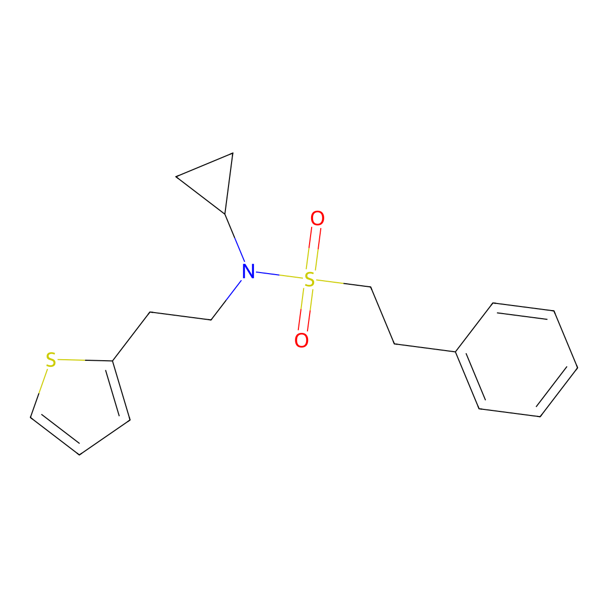 N-cyclopropyl-2-phenyl-N-(2-(thiophen-2-yl)ethyl)ethanesulfonamide molecular structure, CAS 1396793-32-0