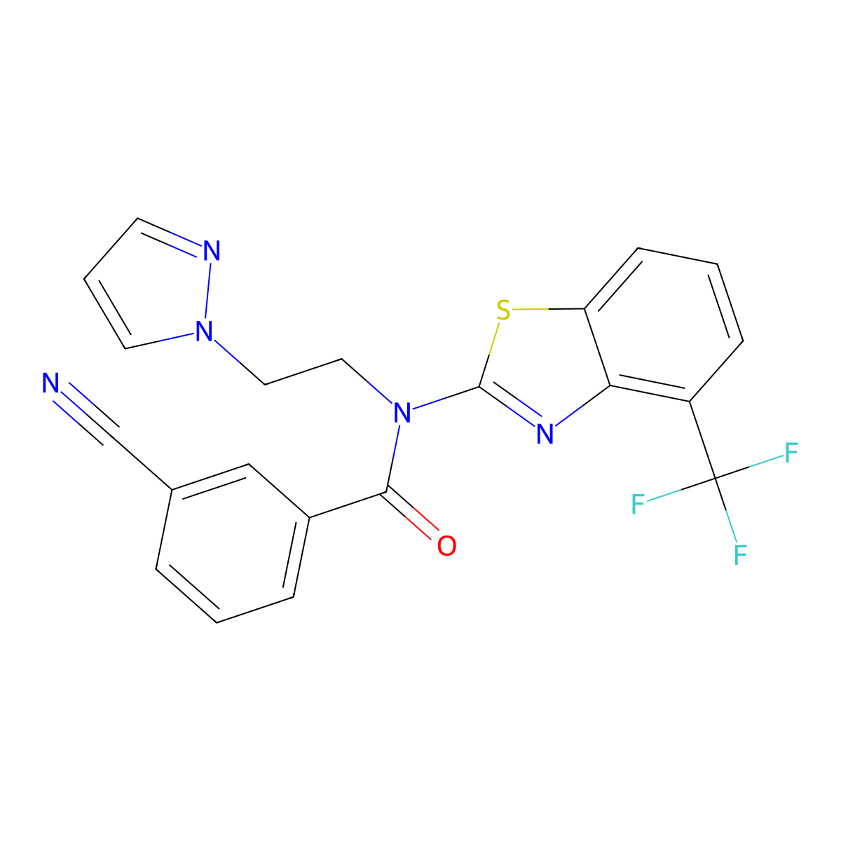 N-(2-(1H-pyrazol-1-yl)ethyl)-3-cyano-N-(4-(trifluoromethyl)benzo[d]thiazol-2-yl)benzamide molecular structure, CAS 1396793-33-1