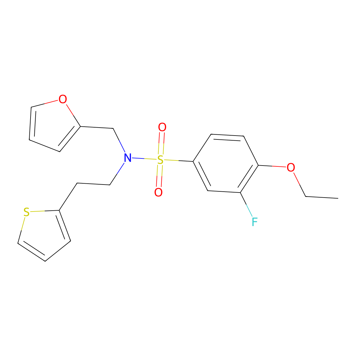 4-ethoxy-3-fluoro-N-(furan-2-ylmethyl)-N-(2-(thiophen-2-yl)ethyl)benzenesulfonamide molecular structure, CAS 1396793-37-5
