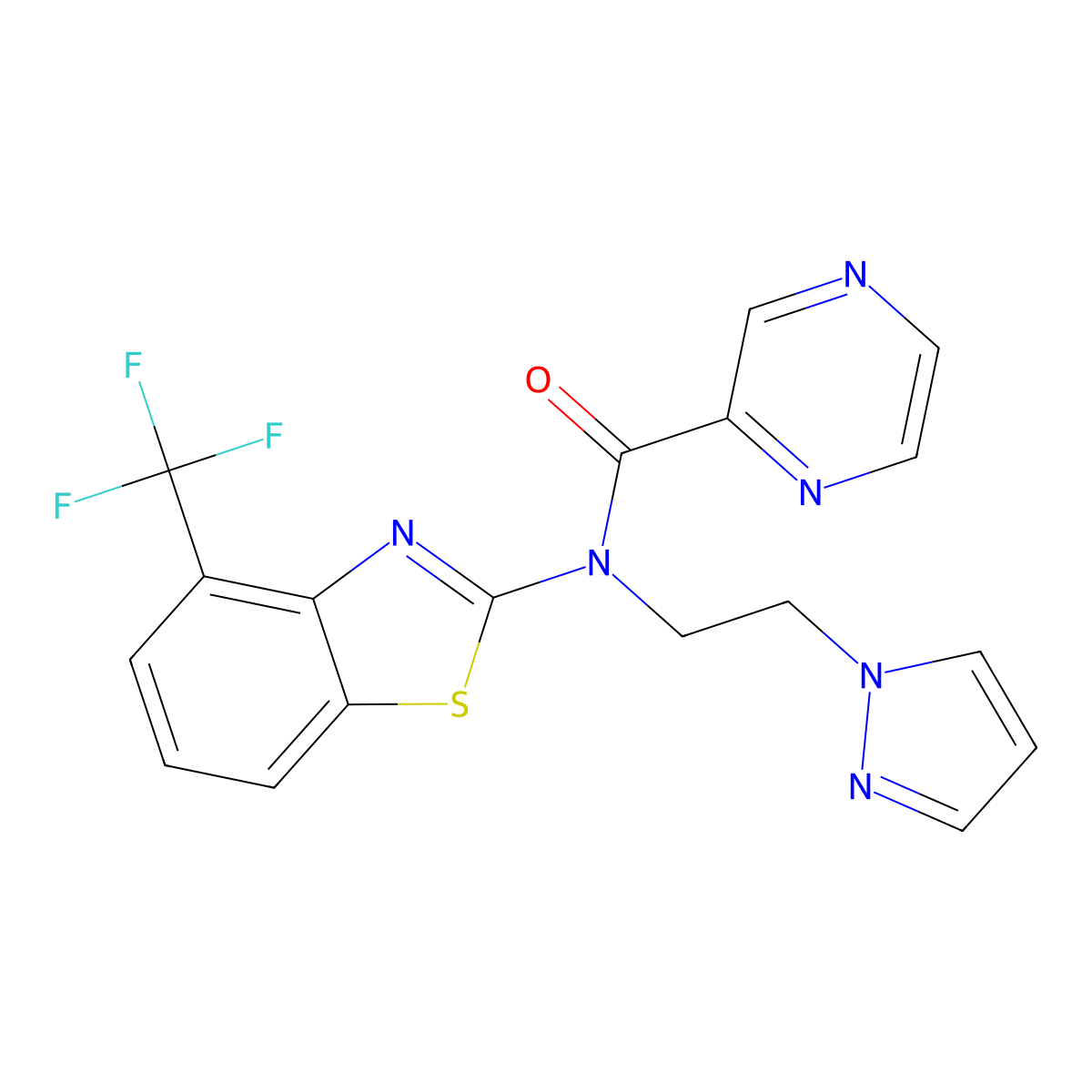 N-(2-(1H-pyrazol-1-yl)ethyl)-N-(4-(trifluoromethyl)benzo[d]thiazol-2-yl)pyrazine-2-carboxamide molecular structure, CAS 1396793-39-7