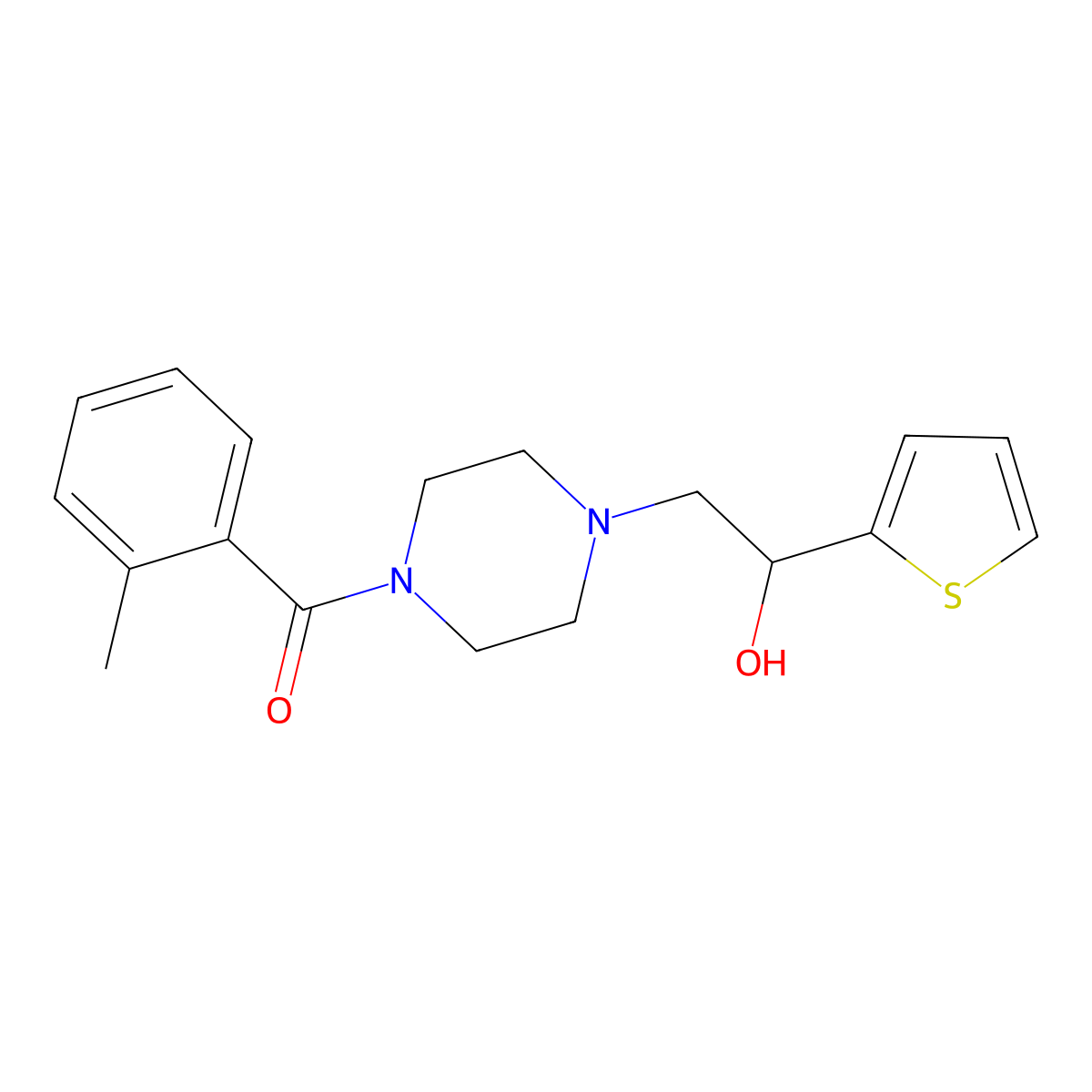 (4-(2-Hydroxy-2-(thiophen-2-yl)ethyl)piperazin-1-yl)(o-tolyl)methanone molecular structure, CAS 1396793-40-0