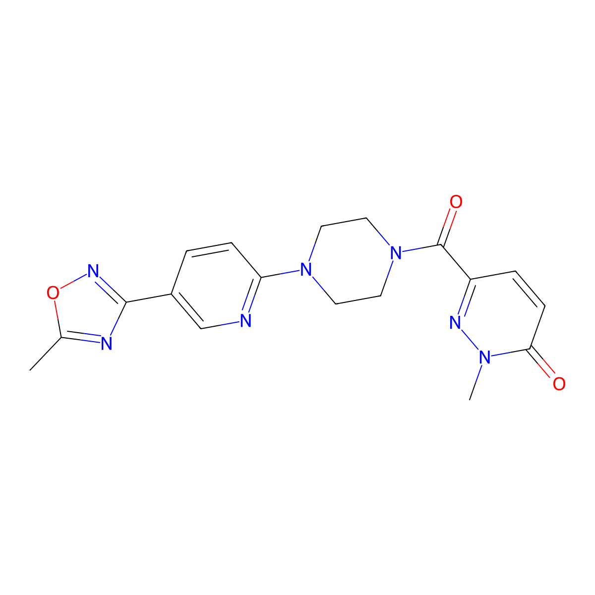 2-methyl-6-(4-(5-(5-methyl-1,2,4-oxadiazol-3-yl)pyridin-2-yl)piperazine-1-carbonyl)pyridazin-3(2H)-one molecular structure, CAS 1396793-43-3