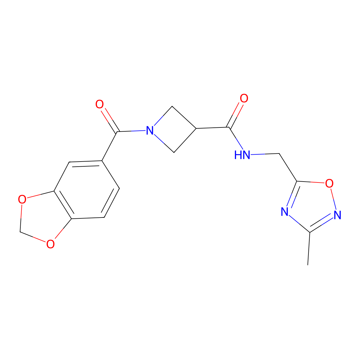 1-(benzo[d][1,3]dioxole-5-carbonyl)-N-((3-methyl-1,2,4-oxadiazol-5-yl)methyl)azetidine-3-carboxamide molecular structure, CAS 1396793-44-4