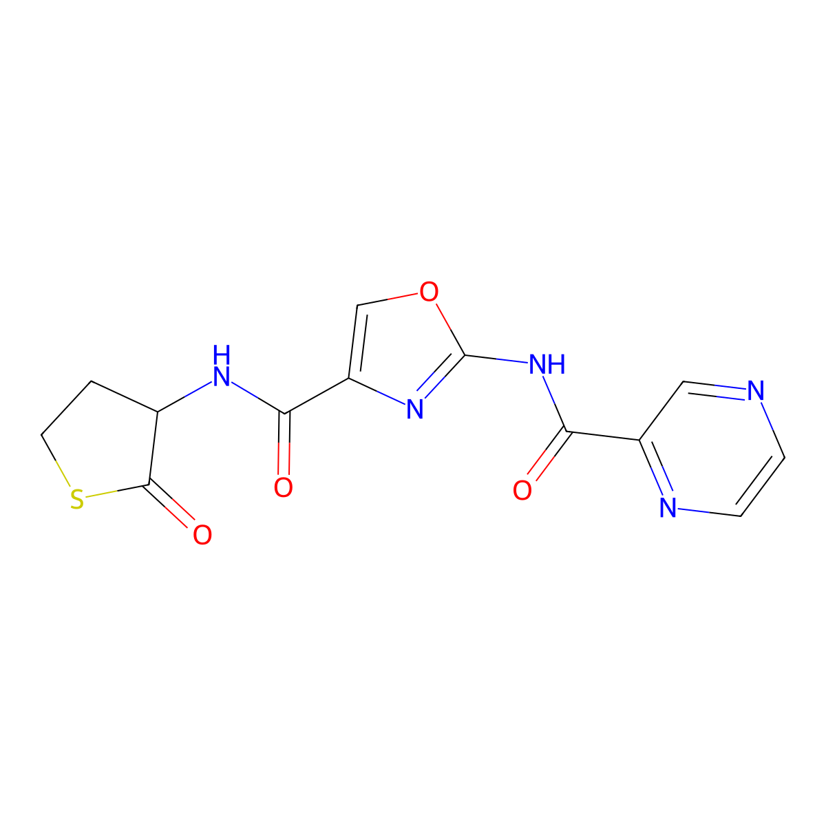 N-(2-oxotetrahydrothiophen-3-yl)-2-(pyrazine-2-carboxamido)oxazole-4-carboxamide molecular structure, CAS 1396793-47-7