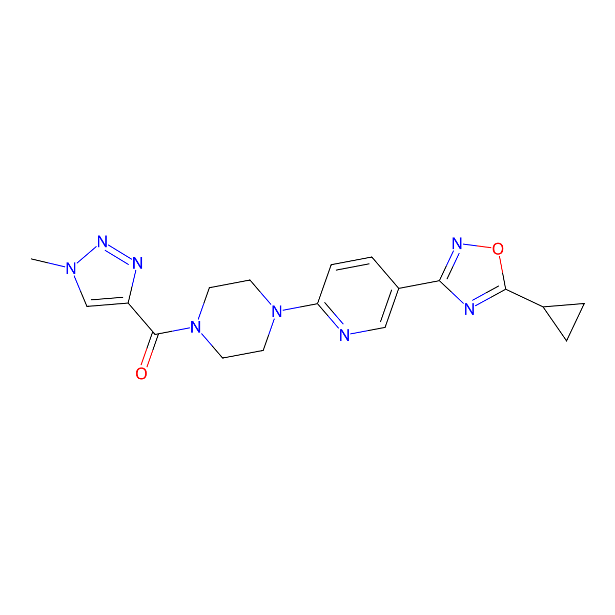 (4-(5-(5-cyclopropyl-1,2,4-oxadiazol-3-yl)pyridin-2-yl)piperazin-1-yl)(1-methyl-1H-1,2,3-triazol-4-yl)methanone molecular structure, CAS 1396793-49-9