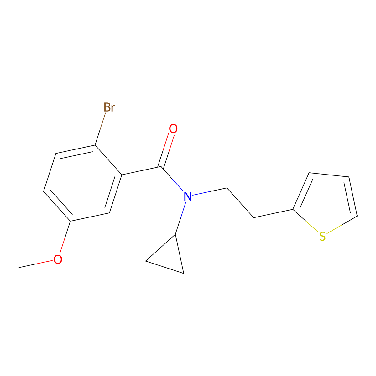2-bromo-N-cyclopropyl-5-methoxy-N-(2-(thiophen-2-yl)ethyl)benzamide molecular structure, CAS 1396793-60-4
