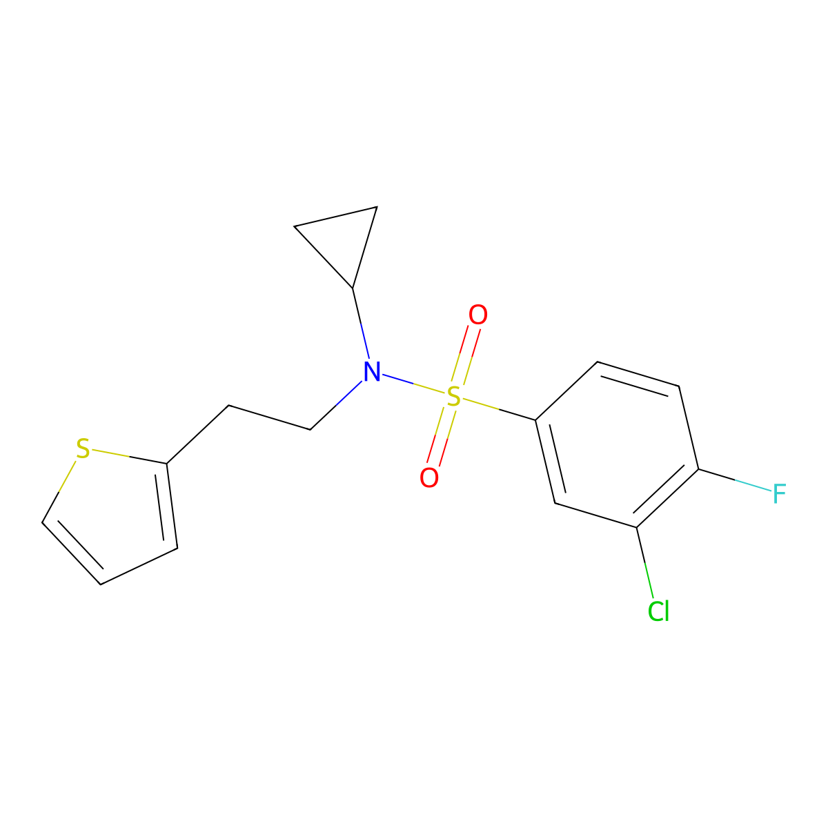 3-chloro-N-cyclopropyl-4-fluoro-N-(2-(thiophen-2-yl)ethyl)benzenesulfonamide molecular structure, CAS 1396793-65-9
