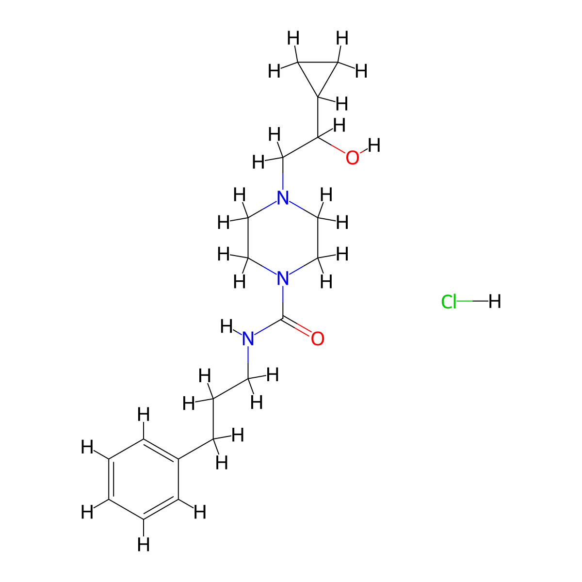 4-(2-cyclopropyl-2-hydroxyethyl)-N-(3-phenylpropyl)piperazine-1-carboxamide hydrochloride molecular structure, CAS 1396793-75-1