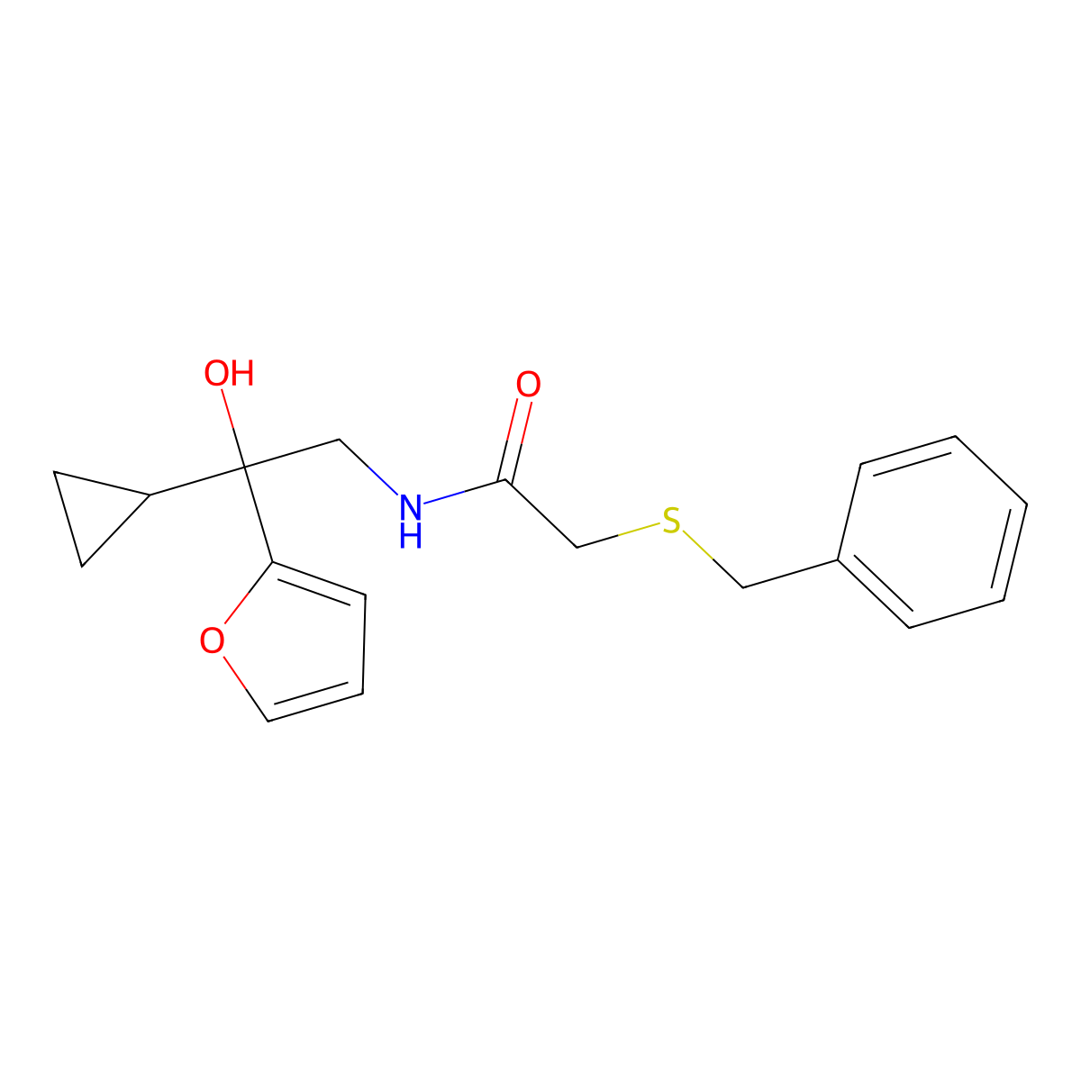2-(benzylthio)-N-(2-cyclopropyl-2-(furan-2-yl)-2-hydroxyethyl)acetamide molecular structure, CAS 1396793-86-4