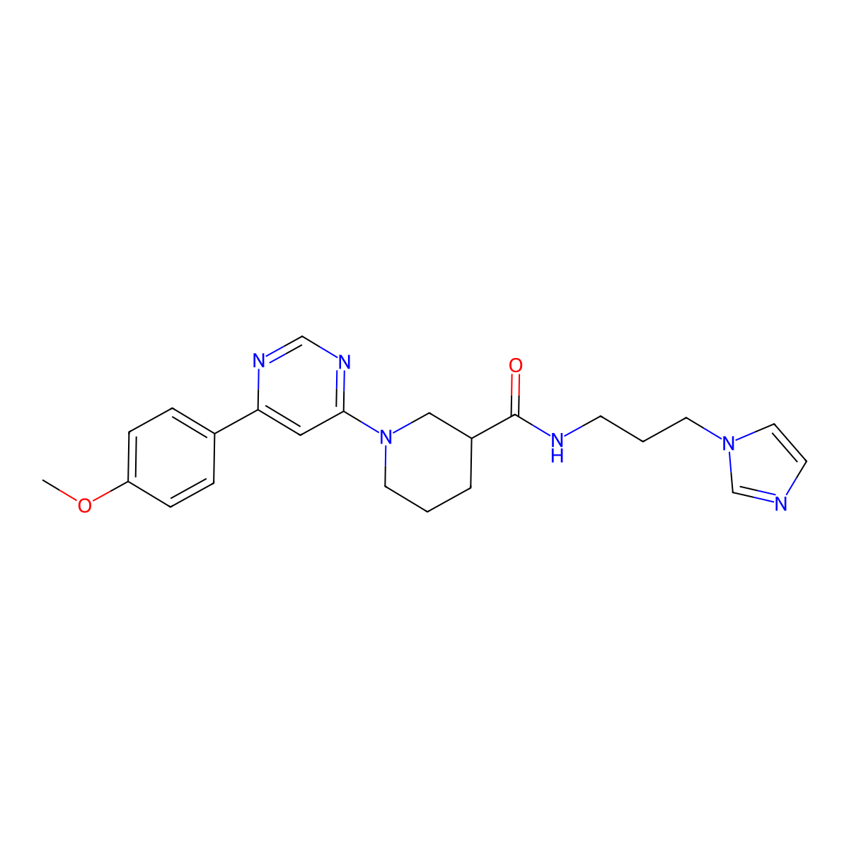 N-(3-(1H-imidazol-1-yl)propyl)-1-(6-(4-methoxyphenyl)pyrimidin-4-yl)piperidine-3-carboxamide molecular structure, CAS 1396794-11-8