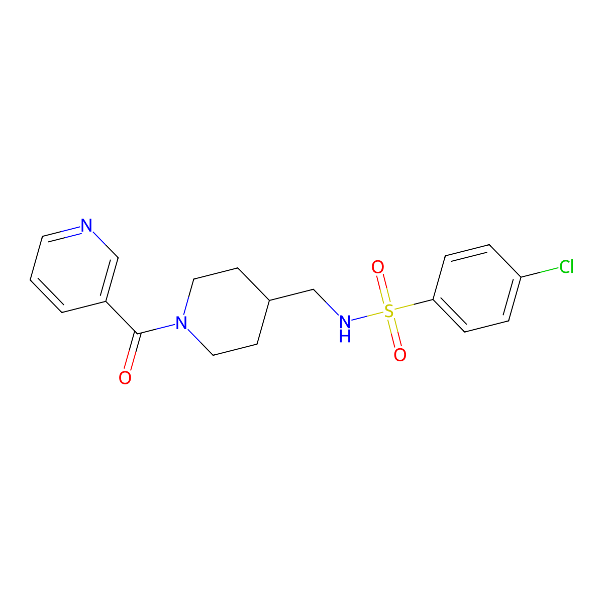 4-chloro-N-((1-nicotinoylpiperidin-4-yl)methyl)benzenesulfonamide molecular structure, CAS 1396794-47-0