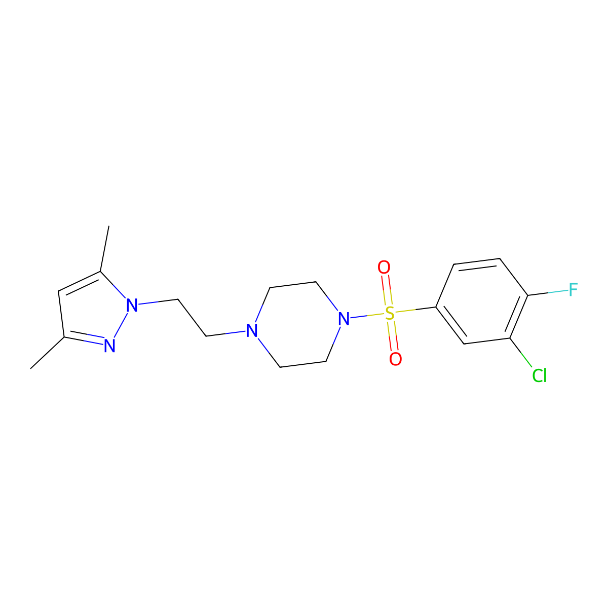 1-((3-chloro-4-fluorophenyl)sulfonyl)-4-(2-(3,5-dimethyl-1H-pyrazol-1-yl)ethyl)piperazine molecular structure, CAS 1396794-49-2