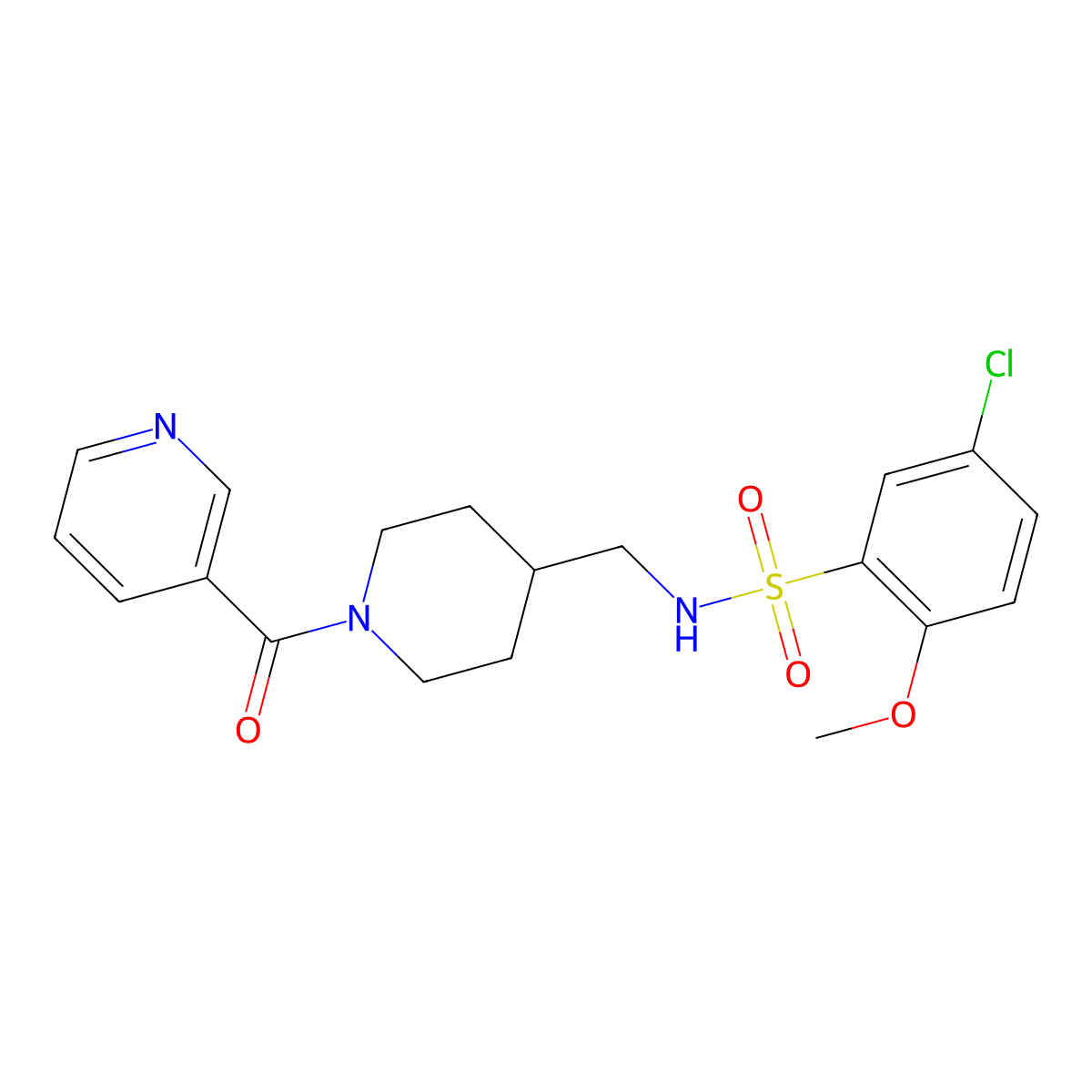 5-chloro-2-methoxy-N-((1-nicotinoylpiperidin-4-yl)methyl)benzenesulfonamide molecular structure, CAS 1396794-53-8
