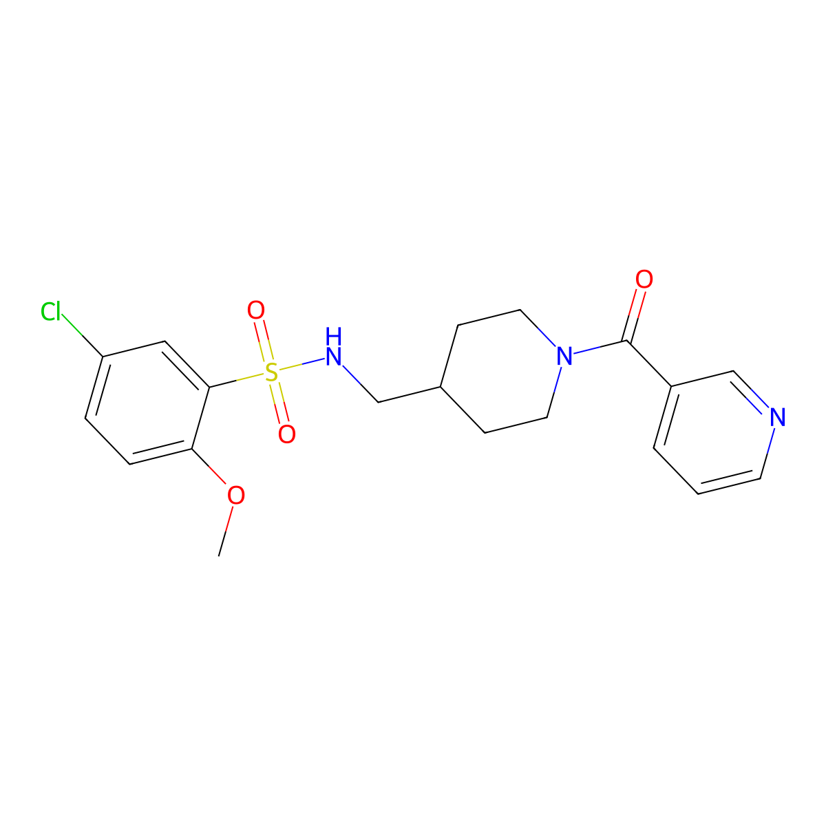 5-chloro-2-methoxy-N-((1-nicotinoylpiperidin-4-yl)methyl)benzenesulfonamide molecular structure, CAS 1396794-53-8