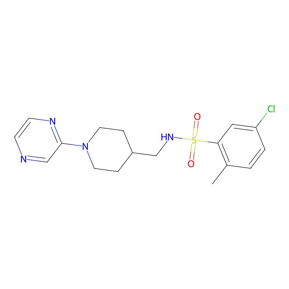 5-chloro-2-methyl-N-((1-(pyrazin-2-yl)piperidin-4-yl)methyl)benzenesulfonamide molecular structure, CAS 1396794-59-4