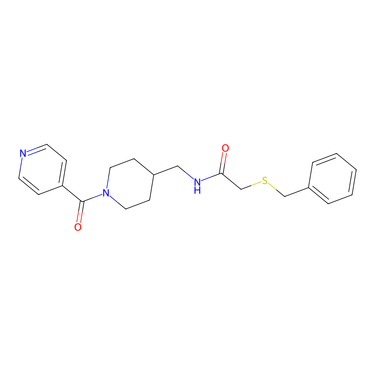 2-(benzylthio)-N-((1-isonicotinoylpiperidin-4-yl)methyl)acetamide molecular structure, CAS 1396794-69-6